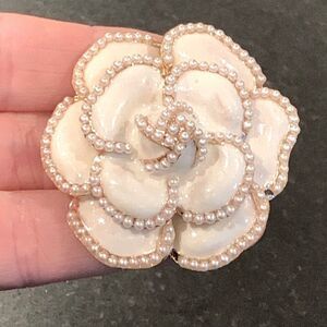 White Camellia Flower Brooch with Faux Pearls & Gold Tone Trim - Lapel Pin
